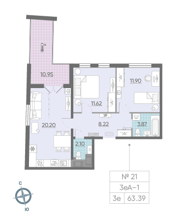 Двухкомнатная квартира 63.39 м²